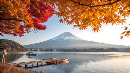 Mount Fuji in autumn with vibrant red and golden maple leaves framing the snow-capped peak and calm lake full hd 4k stock image download