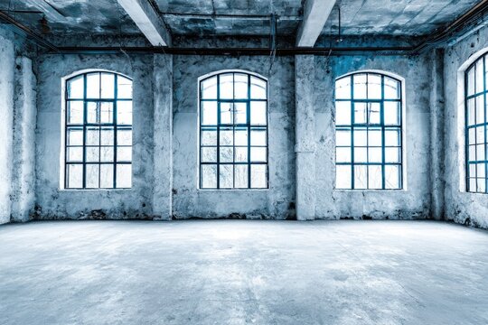 Industrial interior with aged concrete walls and large windows