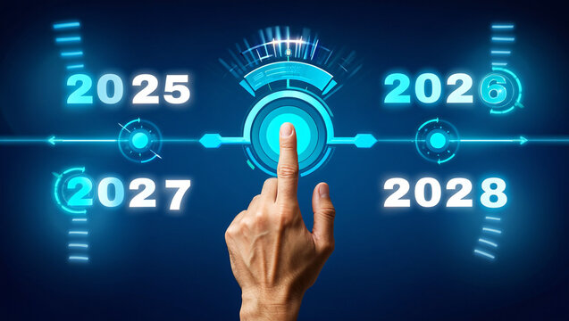 A hand presses a futuristic touchscreen interface, highlighting the years 2025, 2026, 2027, and 2028.