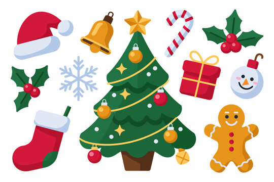 Naklejki Tree and character mix with santa hat bell gift snowman stocking mitten candy cane holly and gingerbread, cheerful holiday icon set, flat vector design