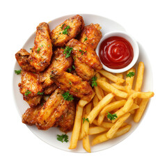 plate of chicken wings and fries, food photography, white background