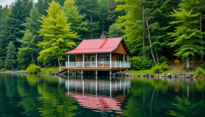 Idyllic lakeside cabin reflected in the tranquil water, surrounded by lush green forest.