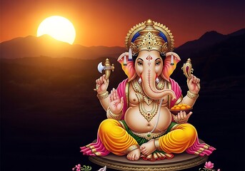 Ganesha blessing with sunset and mountains, a symbol of wisdom