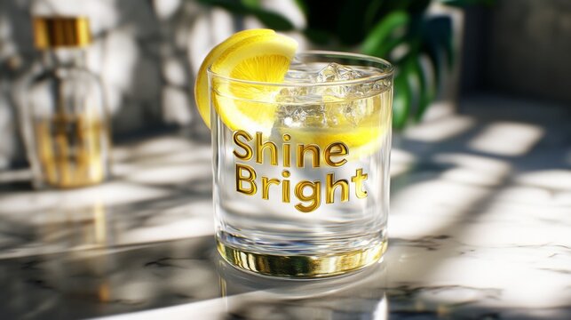 Refreshing drink with lemon slice served in glass on marble table under bright light