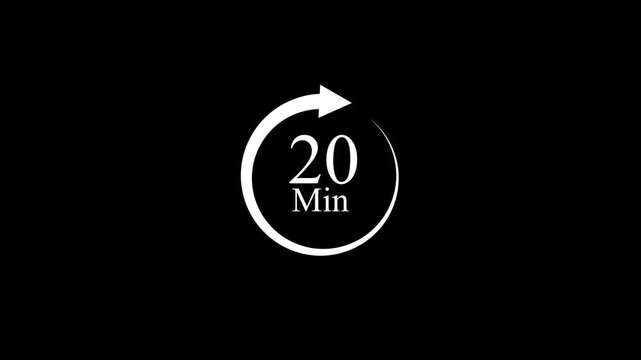 A neon white circular 20 minute icon with an arrow on a black background, representing nonstop service and availability,4k video animation .