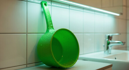Green Plastic Bathroom Ladle with Water Droplets on White Tiles