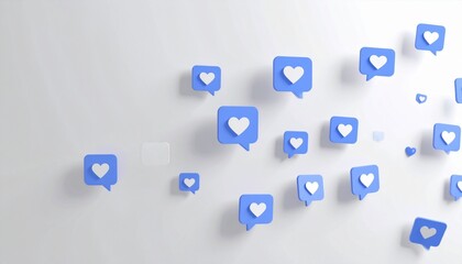 Naklejka premium 3D illustration of a blue speech bubble with a white heart icon, floating on a light gray background.&nbsp; Represents the concepts of likes, positive feedback, social media interactions,
