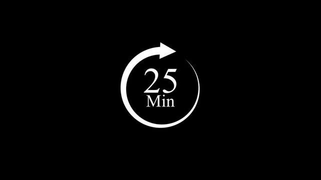 white circular 25 minute icon with an arrow on a black background, representing nonstop service and availability.