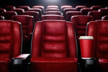 Obraz premium Red paper cup placed on a cupholder of a red seat in an empty cinema, ready for the next movie screening