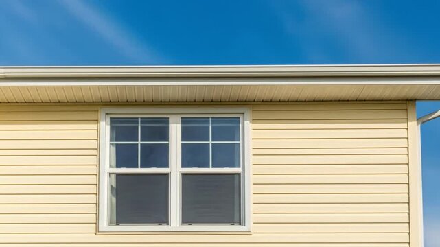 Exterior of a residential house with yellow vinyl siding, a white window, and a roof gutter against a clear blue sky.