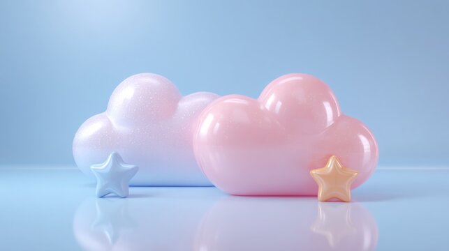 Colorful clouds and stars on a soft blue background create a whimsical atmosphere for a playful setting