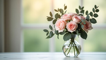 Obraz premium Beautiful pink roses bouquet in vase floral arrangement still life