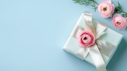Beautifully wrapped gift box with pink flowers on a light blue background for special occasions