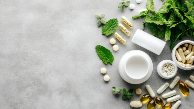 Natural health products and supplements arranged with herbs on a gray surface for wellness exploration