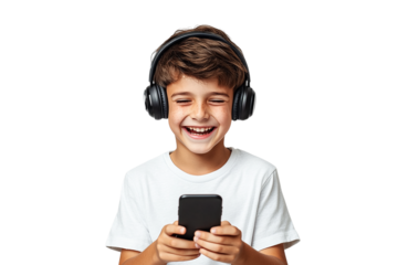 Joyful boy listens with headphones on a transparent background; for social media, websites, and posters.