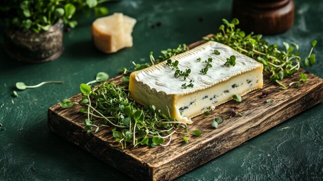Gourmet cheese displayed on a rustic wooden board with fresh herbs and greens in a stylish kitchen setting