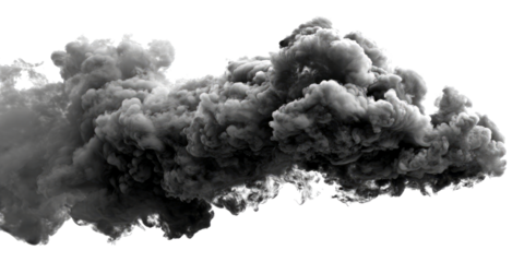 Dynamic cloud of thick black smoke billowing across a white background, concept for pollution, disaster, or special effects