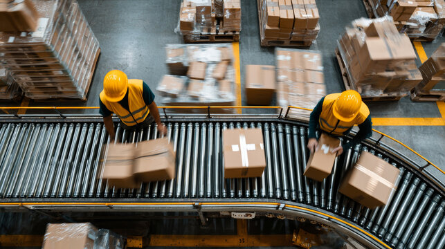 Warehouse workers handling cardboard box on conveyor belt in distribution center with stacked packages and fast motion blur