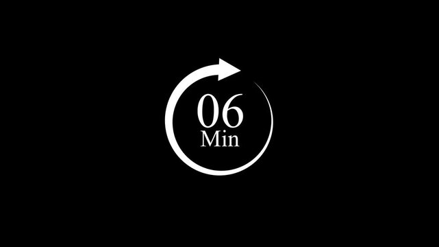 white circular 06 minute icon with an arrow on a black background, representing nonstop service and availability,4k video animation .