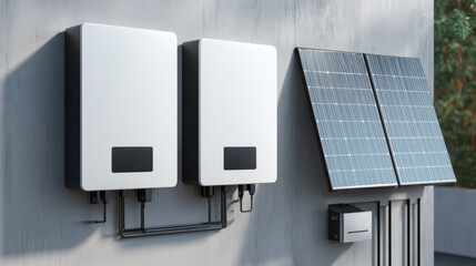 Energy storage battery system with solar panel on wall for sustainable power supply and eco friendly technology