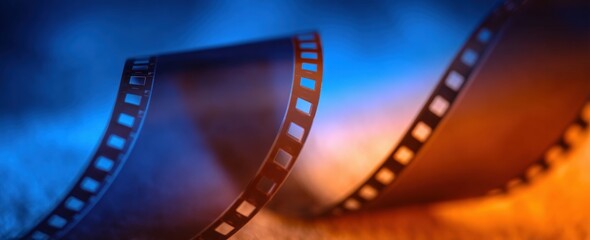 Close up of a 35mm film strip illuminated by orange and blue light, evoking a sense of nostalgia and cinema