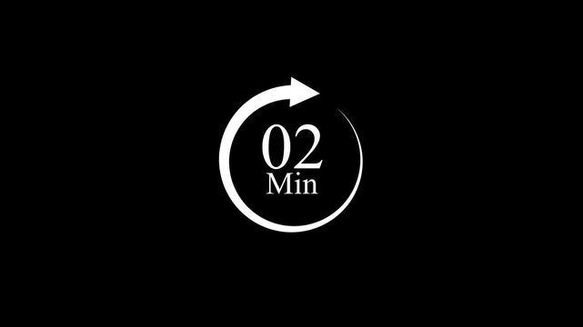 white circular 02 minute icon with an arrow on a black background, representing nonstop service and availability,