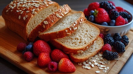Oat bread slices with fresh strawberries, raspberries, blackberries, and blueberries wooden cutting board creating colorful and healthy breakfast