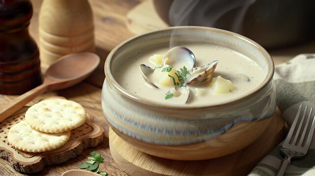 Bowl Of Creamy Clam Chowder Garnished With Crackers On Wooden Surface Under Warm Light