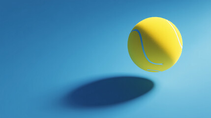 Yellow Tennis Ball Floating with Shadow on Blue Background