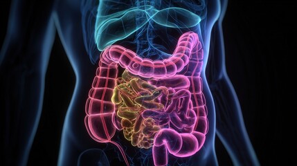Detailed medical diagram of the abdomen showing common sources of pain such as appendix, intestines, and stomach