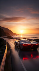 A sports car drives along the coast at sunset with ocean view