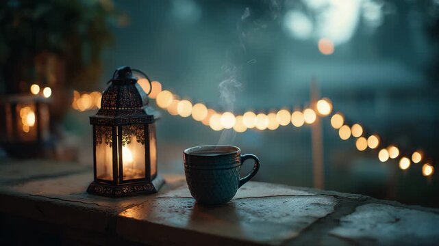 Steaming cup of tea beside a lit lantern on a cool evening. Warm light from string lights in the background. Tranquil and relaxing atmosphere.