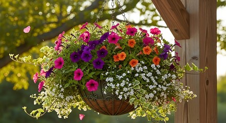 Colorful hanging flower basket filled with petunias cascading in a summer garden