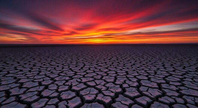 Dramatic desert landscape featuring cracked earth and a vibrant sunset sky view