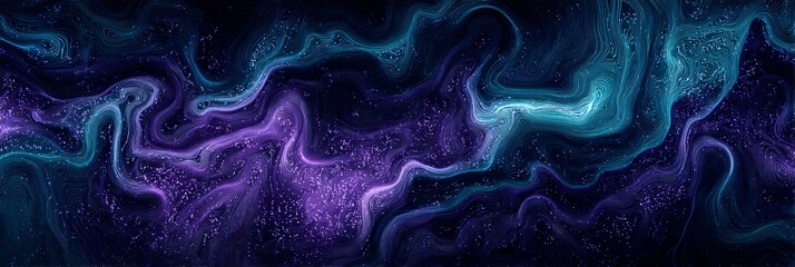 Abstrakte Nebel und Partikel in Lila und Türkis, die sich in dunklem Raum bewegen, ein kosmischer Hintergrund.