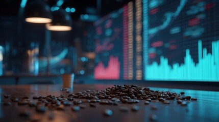 Coffee beans scattered on a wooden table in a modern office. Digital stock market graphs and data are displayed in the background. Ambient lighting creates a professional atmosphere.