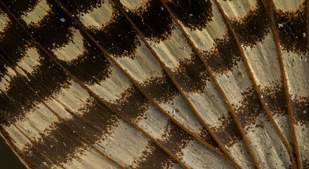 A closeup reveals the intricate pattern on a fanlike structure with alternating dark and light bands
