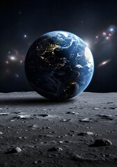 Earthrise view from the Moon's surface with visible city lights and a starry cosmos.