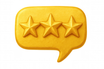 3d rendering of a golden speech bubble with three embossed stars, representing a five-star rating or positive feedback
