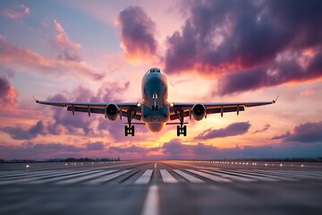 Naklejka premium A stunning image of an airplane landing on a runway with a colorful sunset sky in the background, creating a dynamic travel scene.