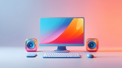 Modern all in one computer setup with colorful gradient display
