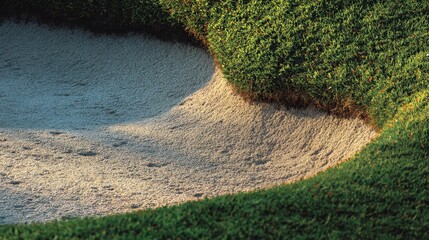 Detailed view of a sand bunker on a golf course with smooth raked sand and lush green grass edges under soft light