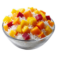 fruit salad in a bowl -tropical mixed fruit salad with mango, papaya, and coconut served in clear bowl, centered on pure white background