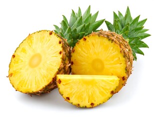 Two pineapple halves and a slice, with green leaves, isolated on white