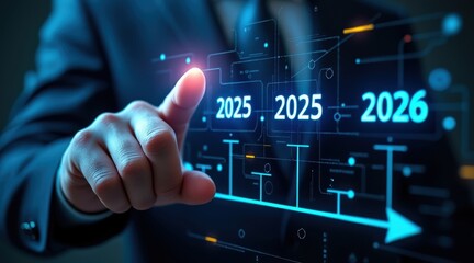 Businessman points to future financial growth projections on digital screen