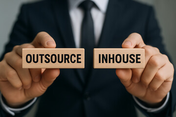 Obraz premium Concept of outsource or inhouse choice. Outsource or insource making decision. Outsourcing Global.