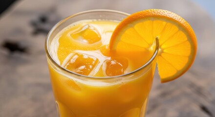 Luminous Backlit Orange Slice on a Refreshing Glass of Iced Juice