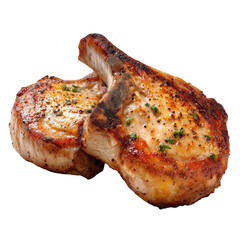 two cooked Bone in Pork chops , transparent background , side view.