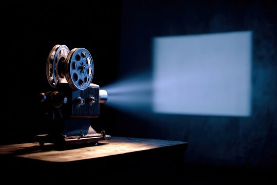 Vintage film projector projecting a bright light beam on a white screen in a dark room, creating a nostalgic cinema atmosphere