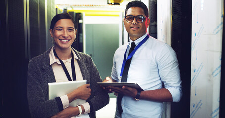 Server room, team and portrait of happy people with tablet for software update or system maintenance. Datacenter, cloud computing or smile with IT technician for database, cybersecurity or networking